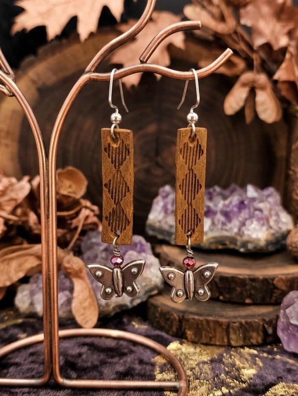 Handcrafted Brown Leather & Silver Butterfly Earrings